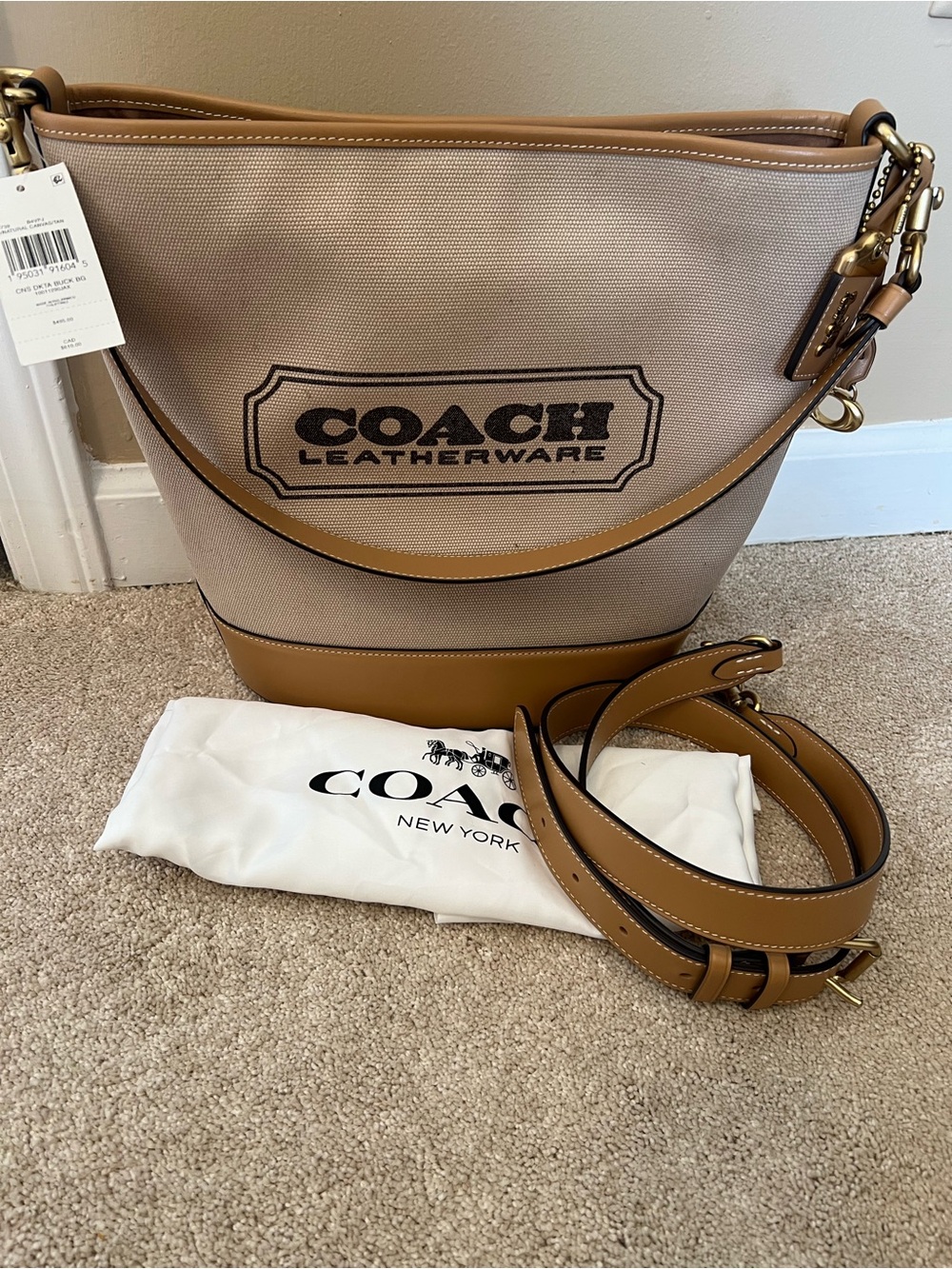 Coach Leatherware Tan Canvas Bucket Shoulder Bag with Leather Trim